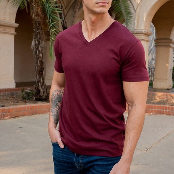 FRESH CLEAN TEES MEN'S SHORT SLEEVE V NECK COLOR: GARNET - Picture 2 of 6